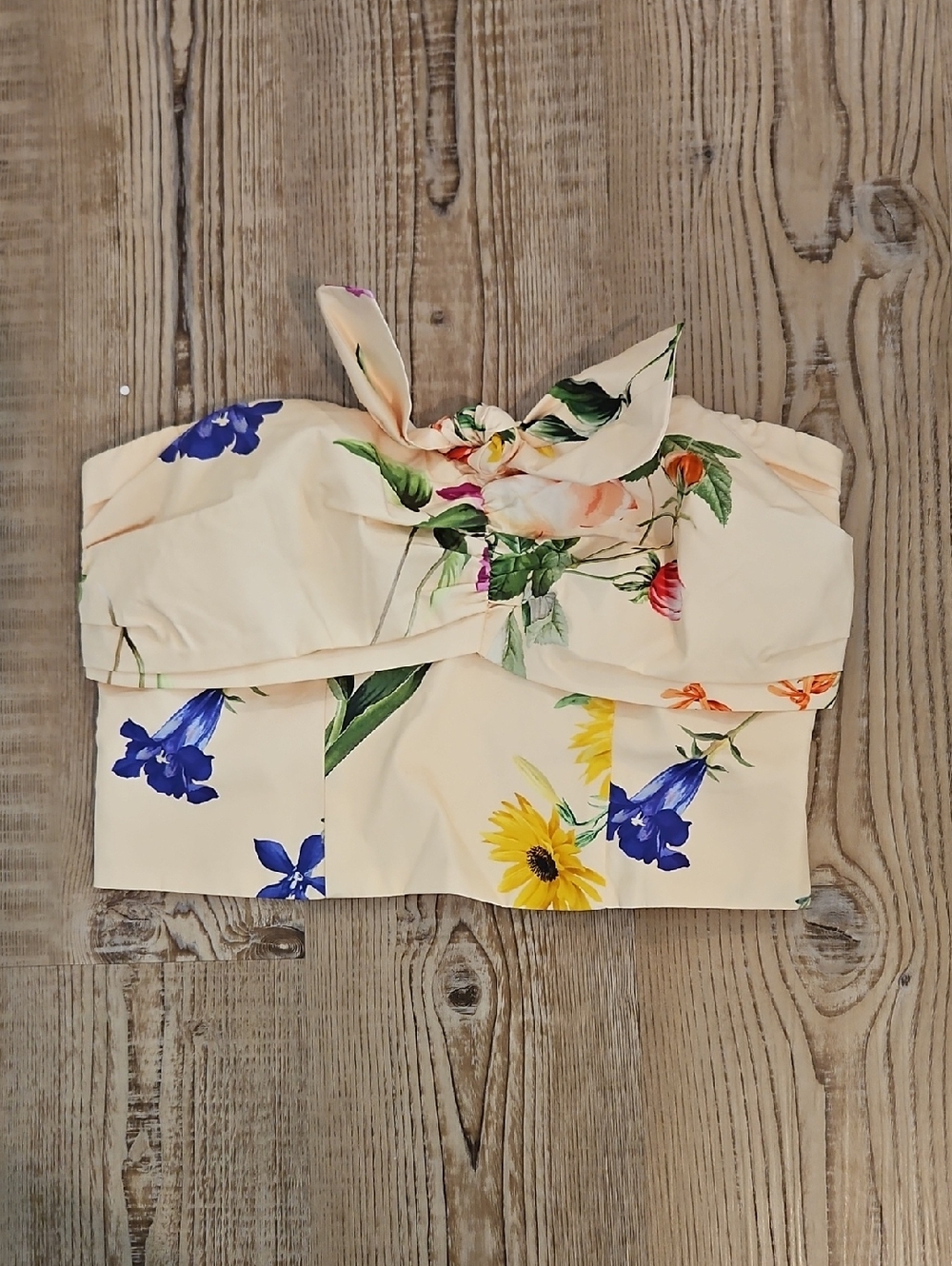Express Floral Tie-Front Strapless Crop Top -  with Blue & Yellow